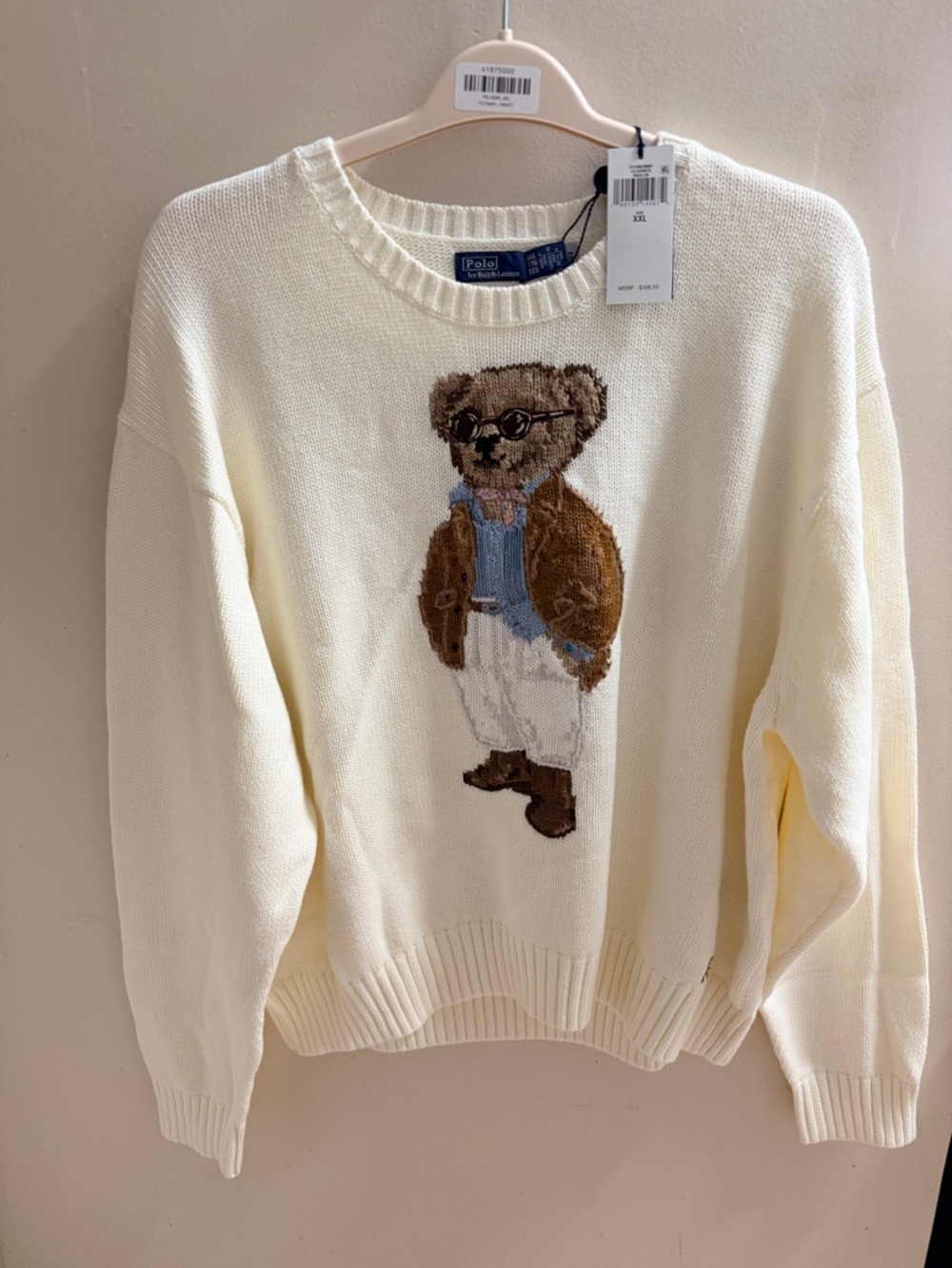 Ralph Lauren Cream Crewneck Sweater with Bear Intarsia